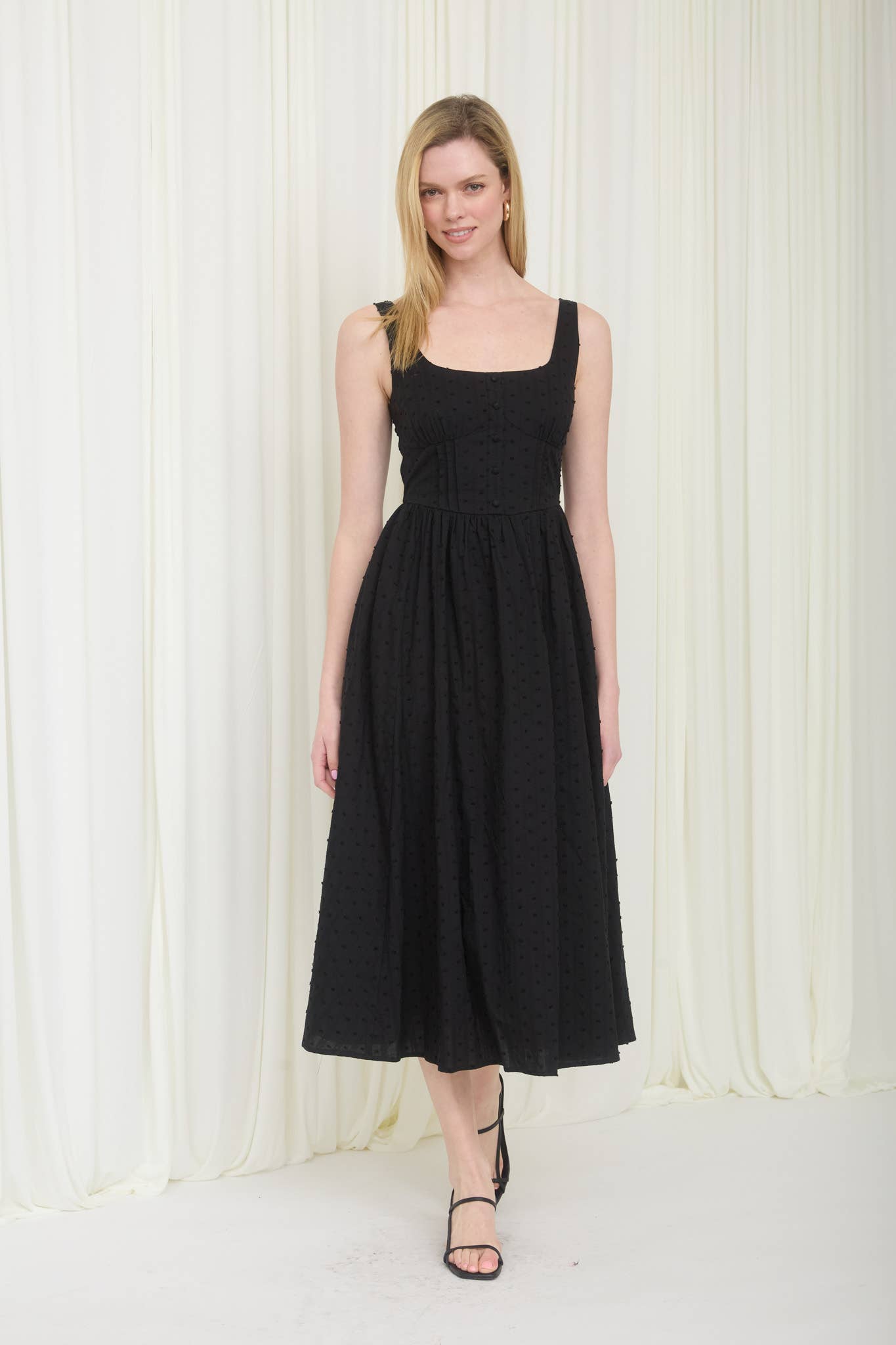 Stripe Clip Dot Button Detail Midi Dress – Black