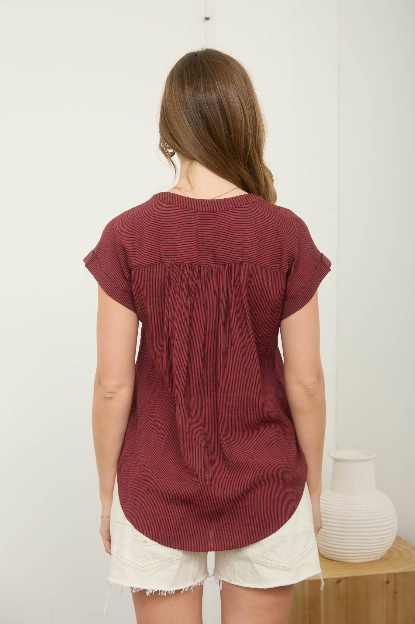 PINSTRIPE SHORT CUFF SLEEVE BUTTON DOWN SHIRT