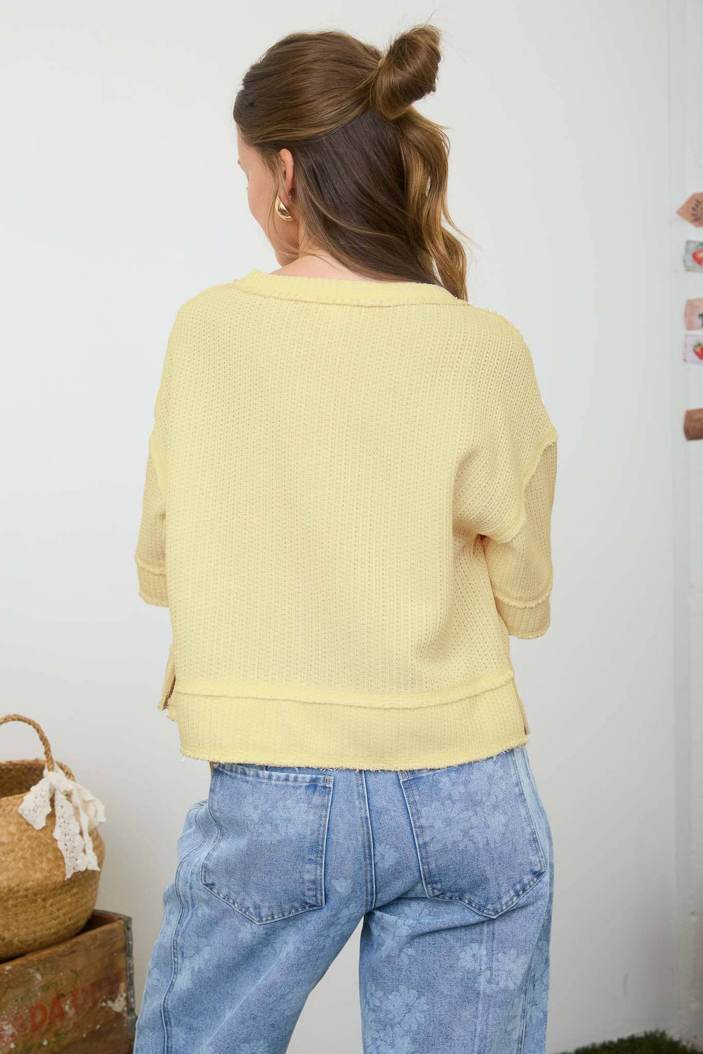 Raw Edge Henley Waffle Knit Top – Light Yellow