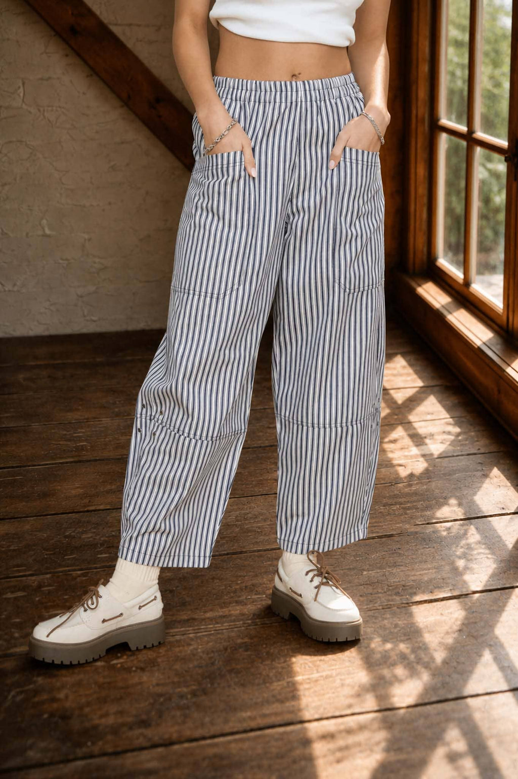 Stripe Pocket Detail Wide Leg Pants – Navy