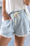 Raw Edge Drawstring Elastic Waist Denim Shorts
