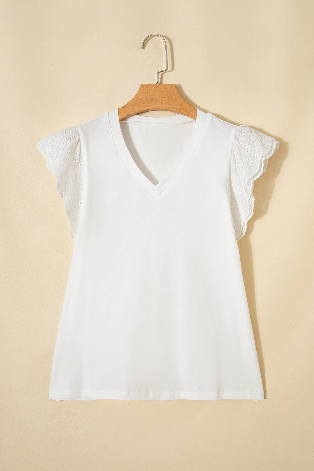 Eyelet Embroidered Flutter Sleeve V-Neck Tee – White