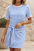 Nautical Tie Contrast Trim Round Neck Mini Dress