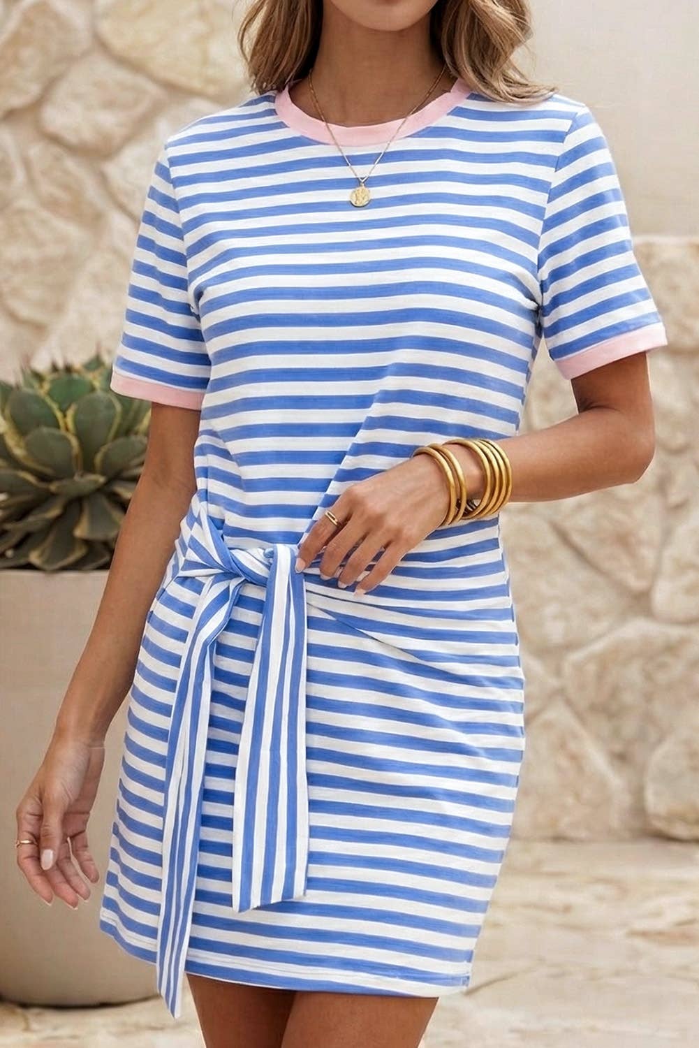 Nautical Tie Contrast Trim Round Neck Mini Dress