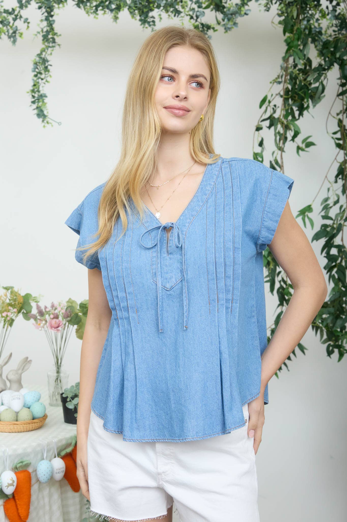 V-Neck Front Tie Pintuck Chambray Top