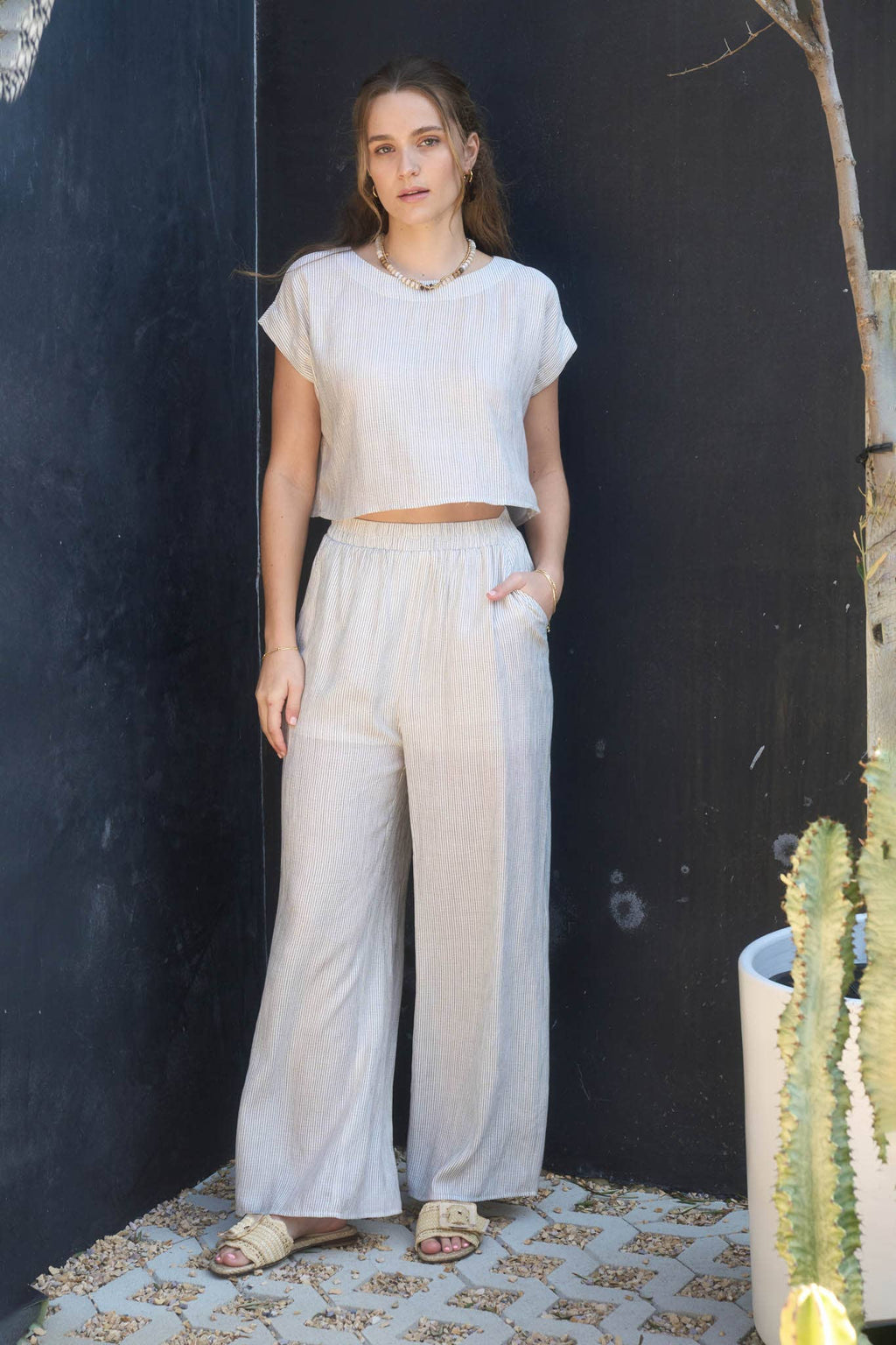 Stripe Crop Top & Wide Leg Pant Set – Natural