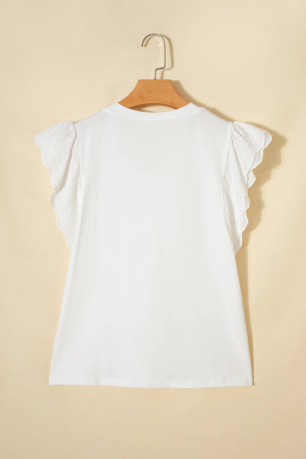 Eyelet Embroidered Flutter Sleeve V-Neck Tee – White