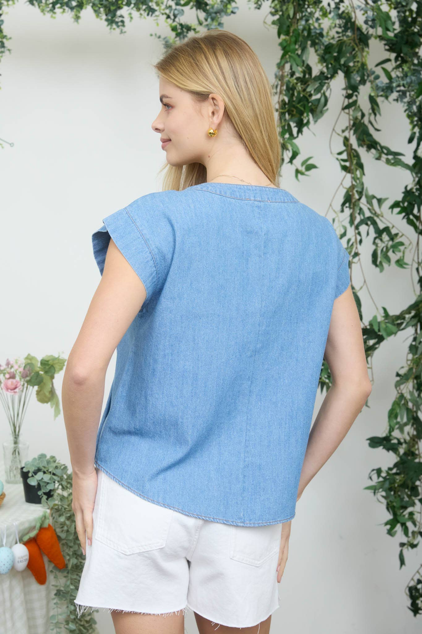 V-Neck Front Tie Pintuck Chambray Top