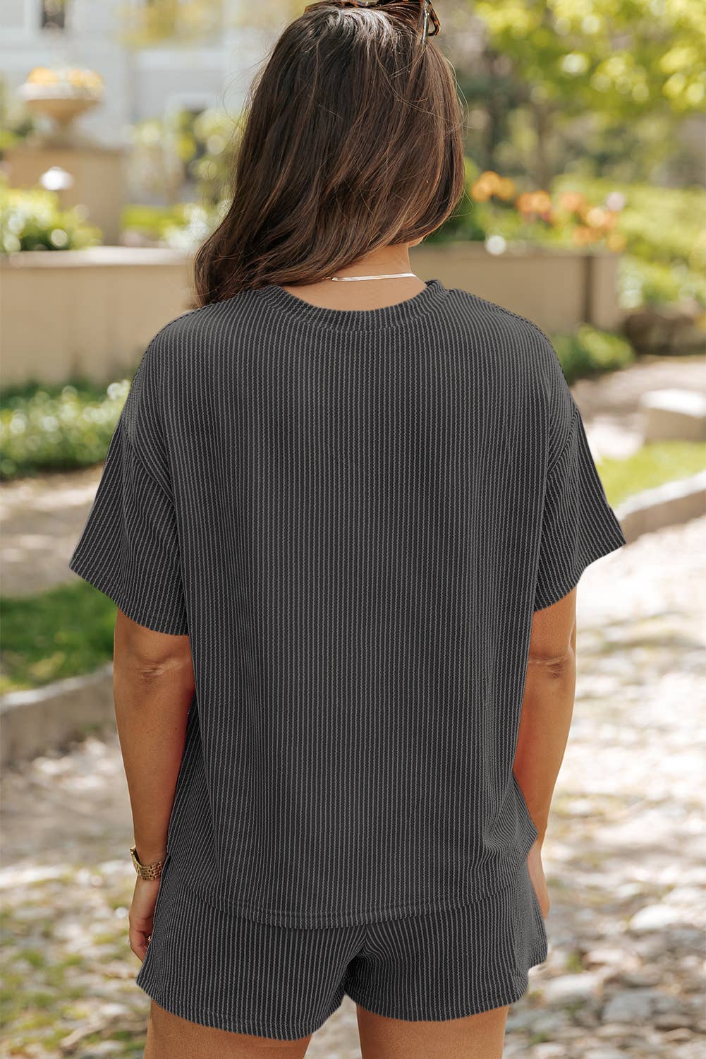 Ribbed Textured Knit Loose Fit Tee & Shorts Set
