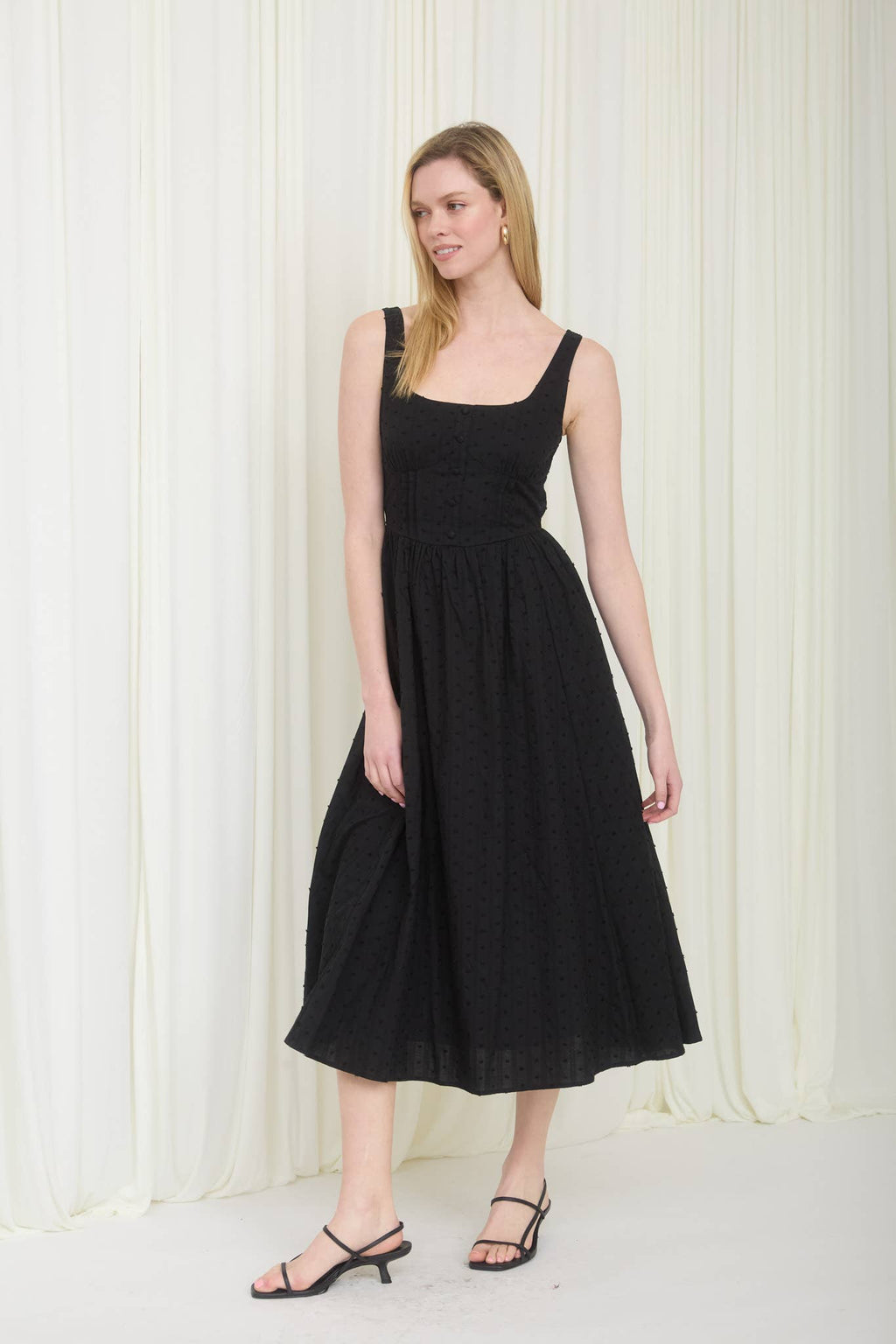 Stripe Clip Dot Button Detail Midi Dress – Black
