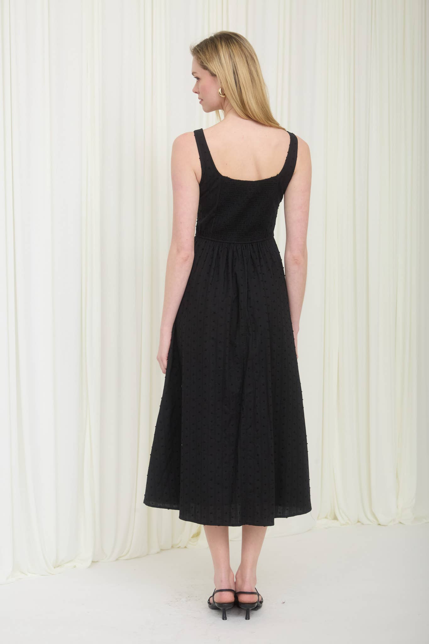 Stripe Clip Dot Button Detail Midi Dress – Black
