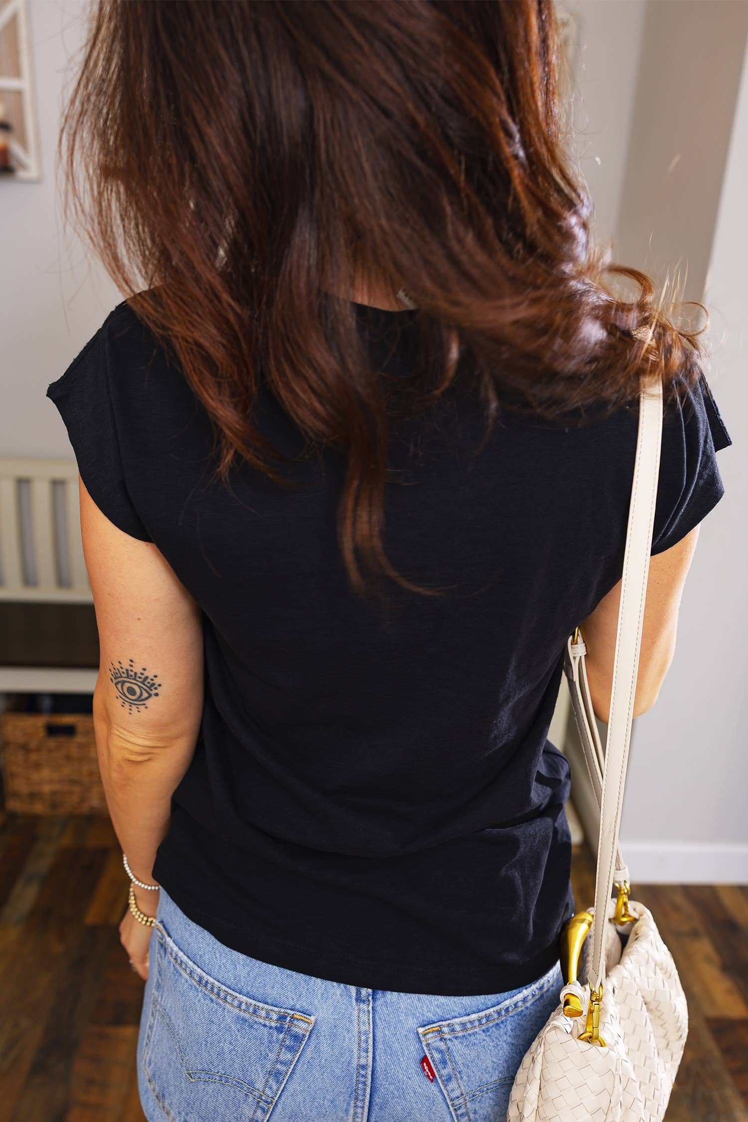 Cutout Embroidered Trim V-Neck Cap Sleeve Tee