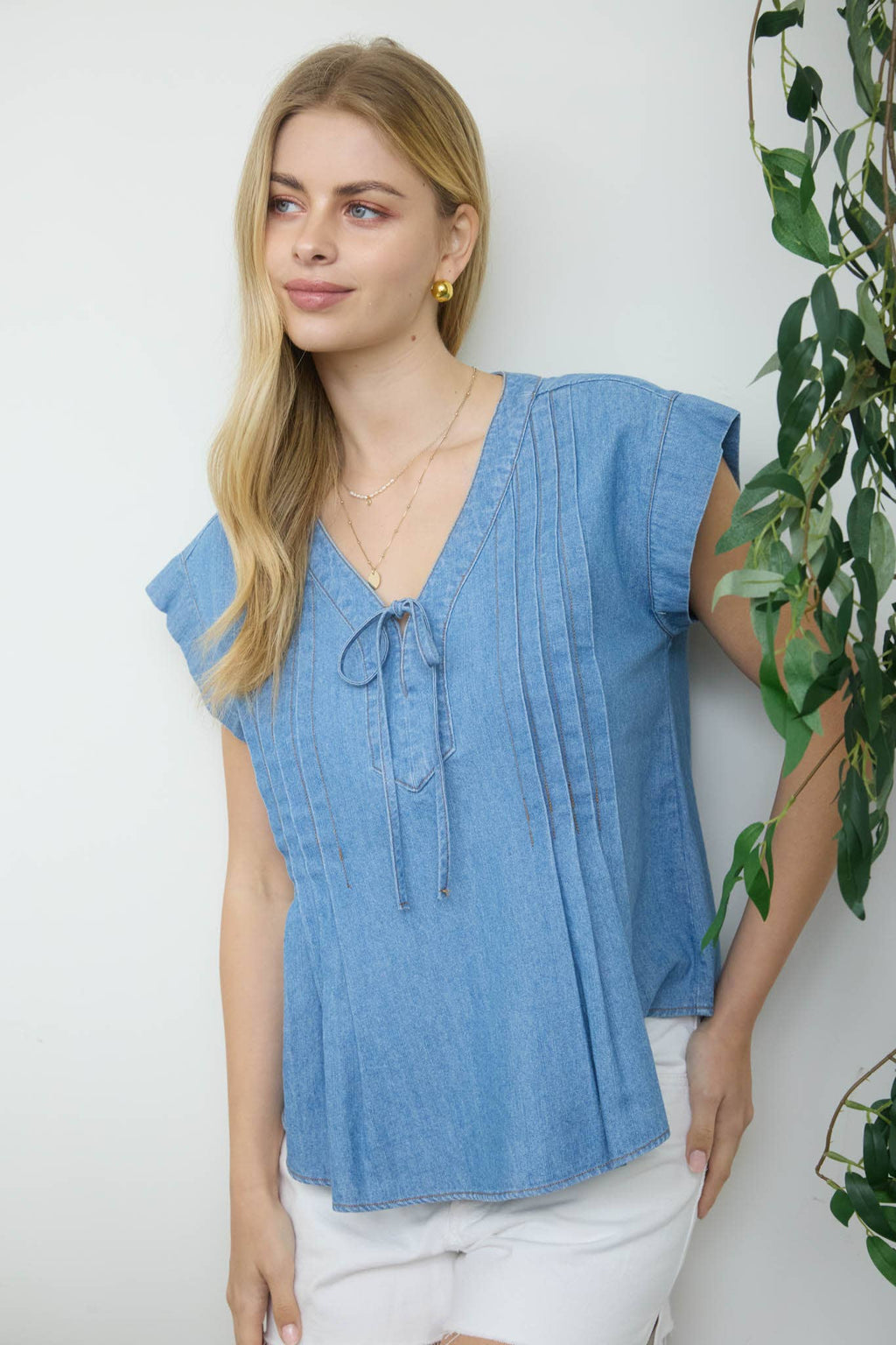 V-Neck Front Tie Pintuck Chambray Top
