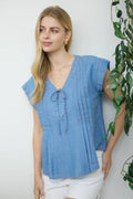 V-Neck Front Tie Pintuck Chambray Top
