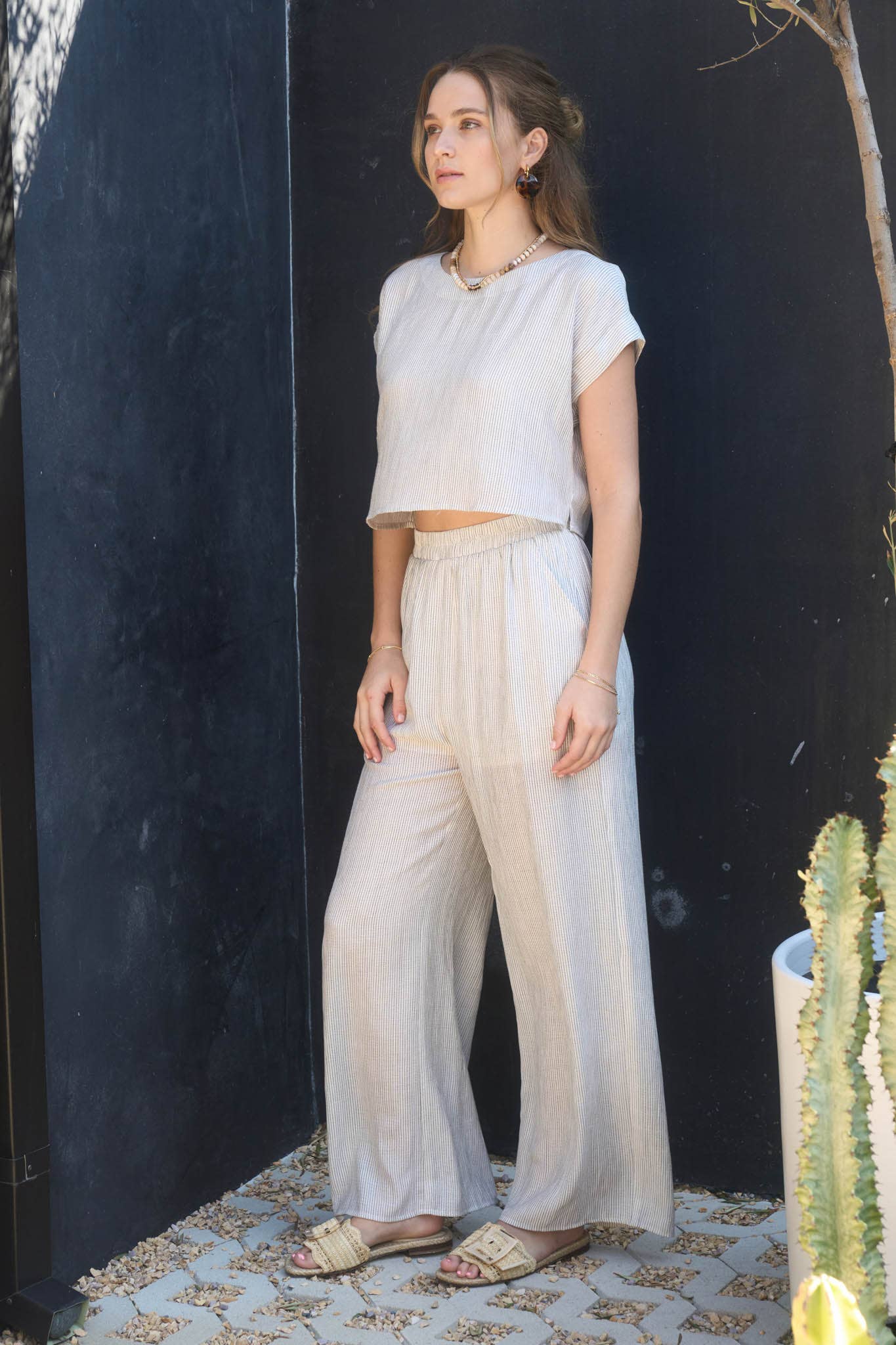 Stripe Crop Top & Wide Leg Pant Set – Natural