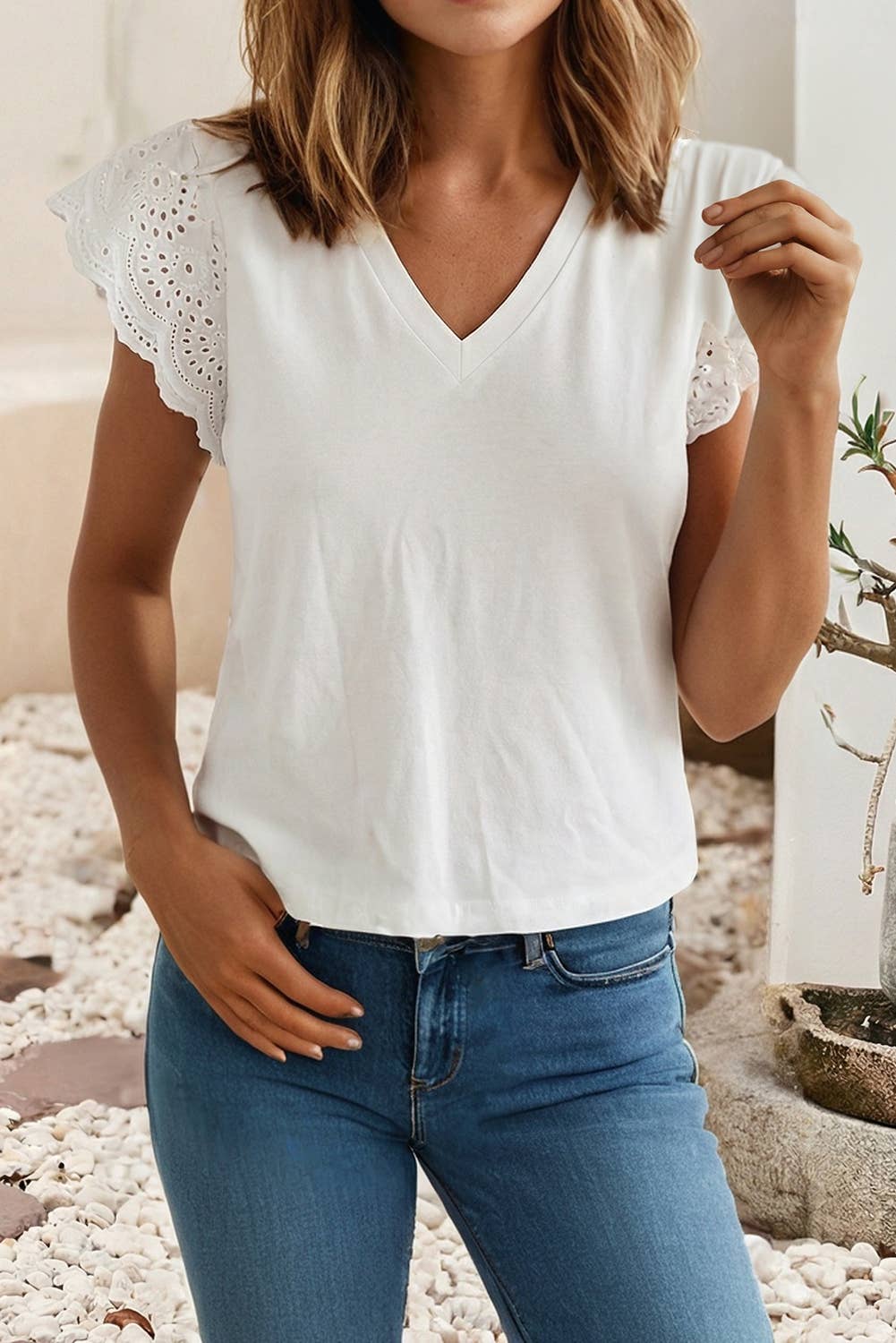 Eyelet Embroidered Flutter Sleeve V-Neck Tee – White