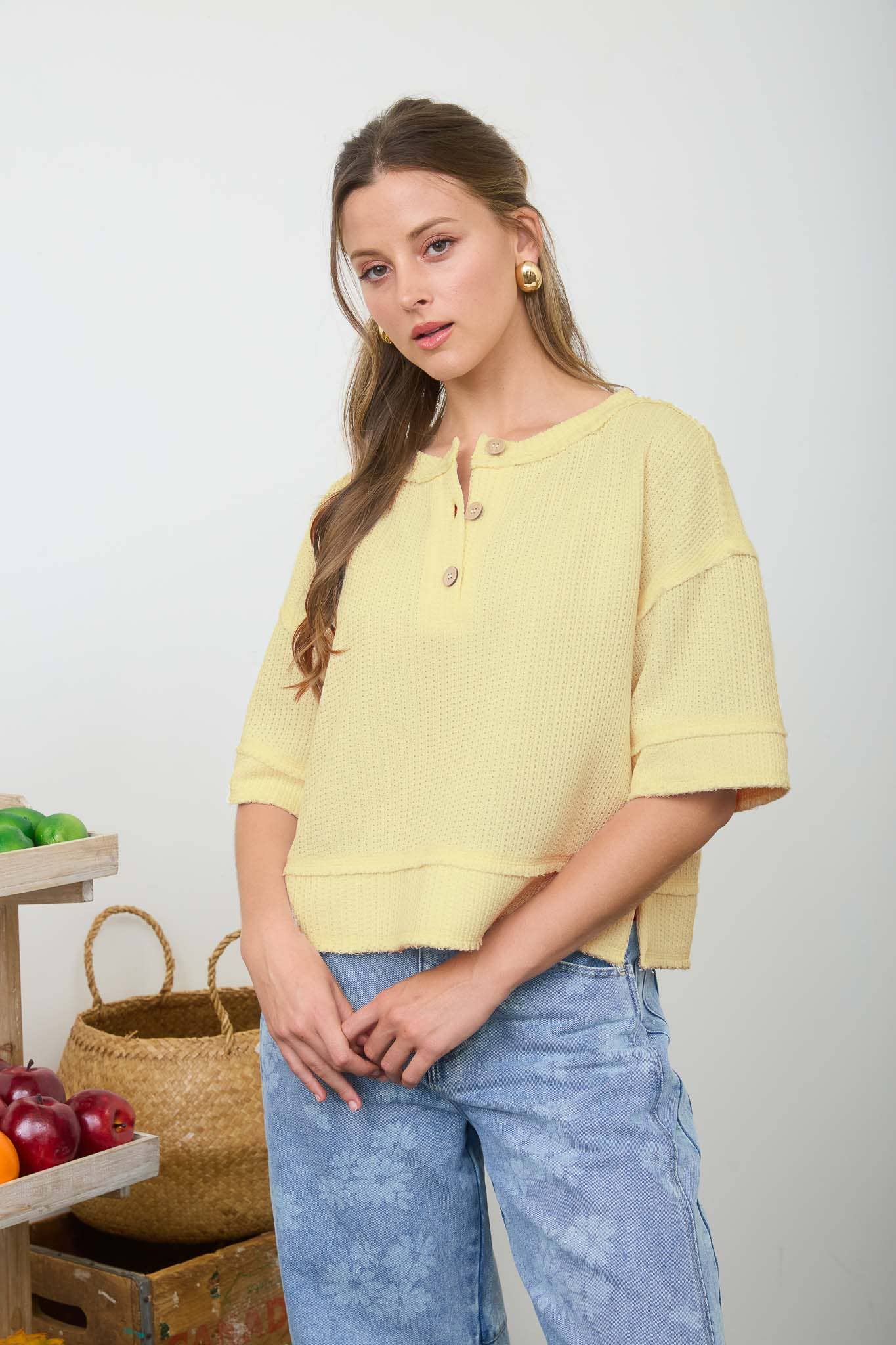 Raw Edge Henley Waffle Knit Top – Light Yellow