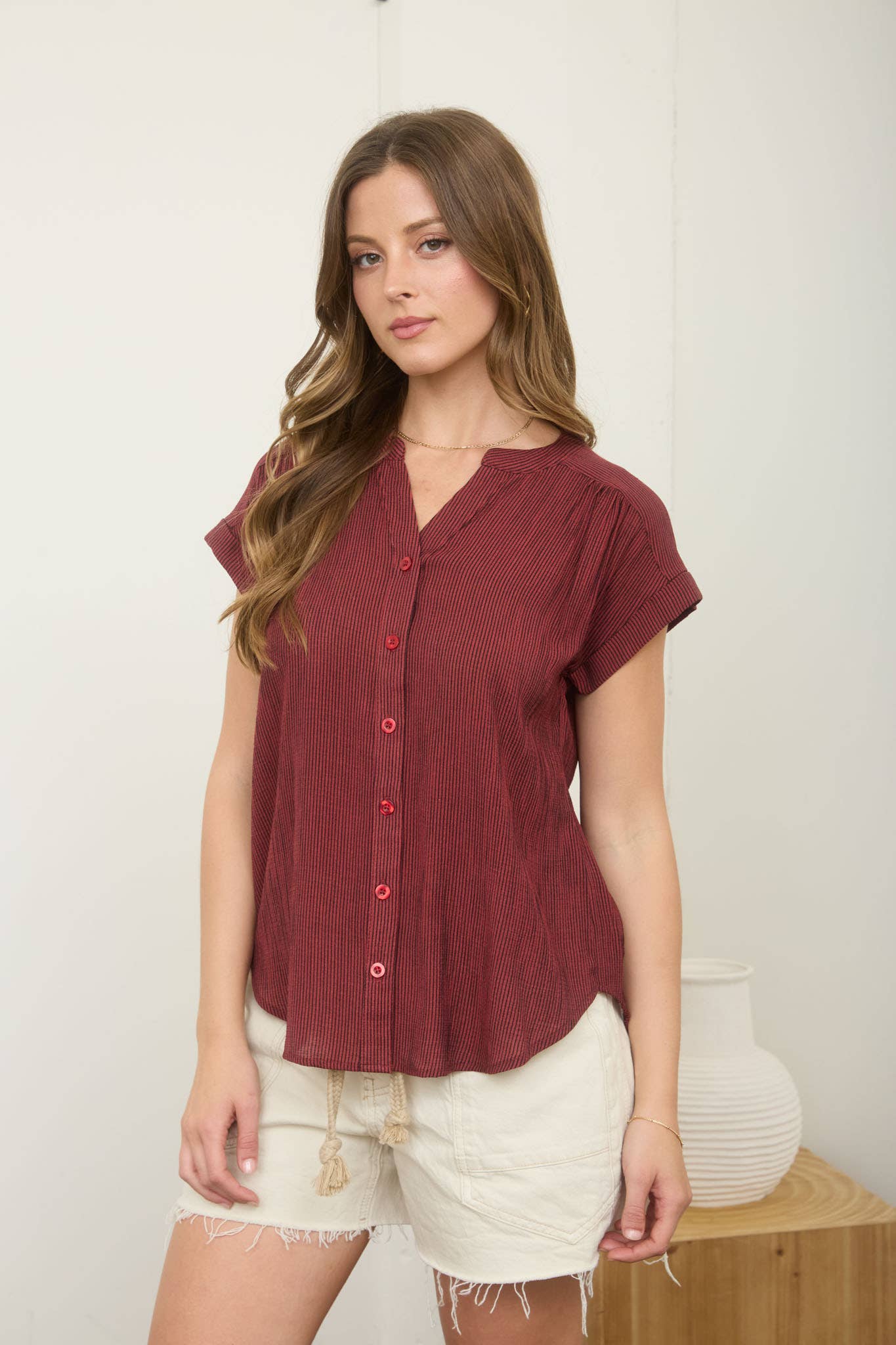 PINSTRIPE SHORT CUFF SLEEVE BUTTON DOWN SHIRT