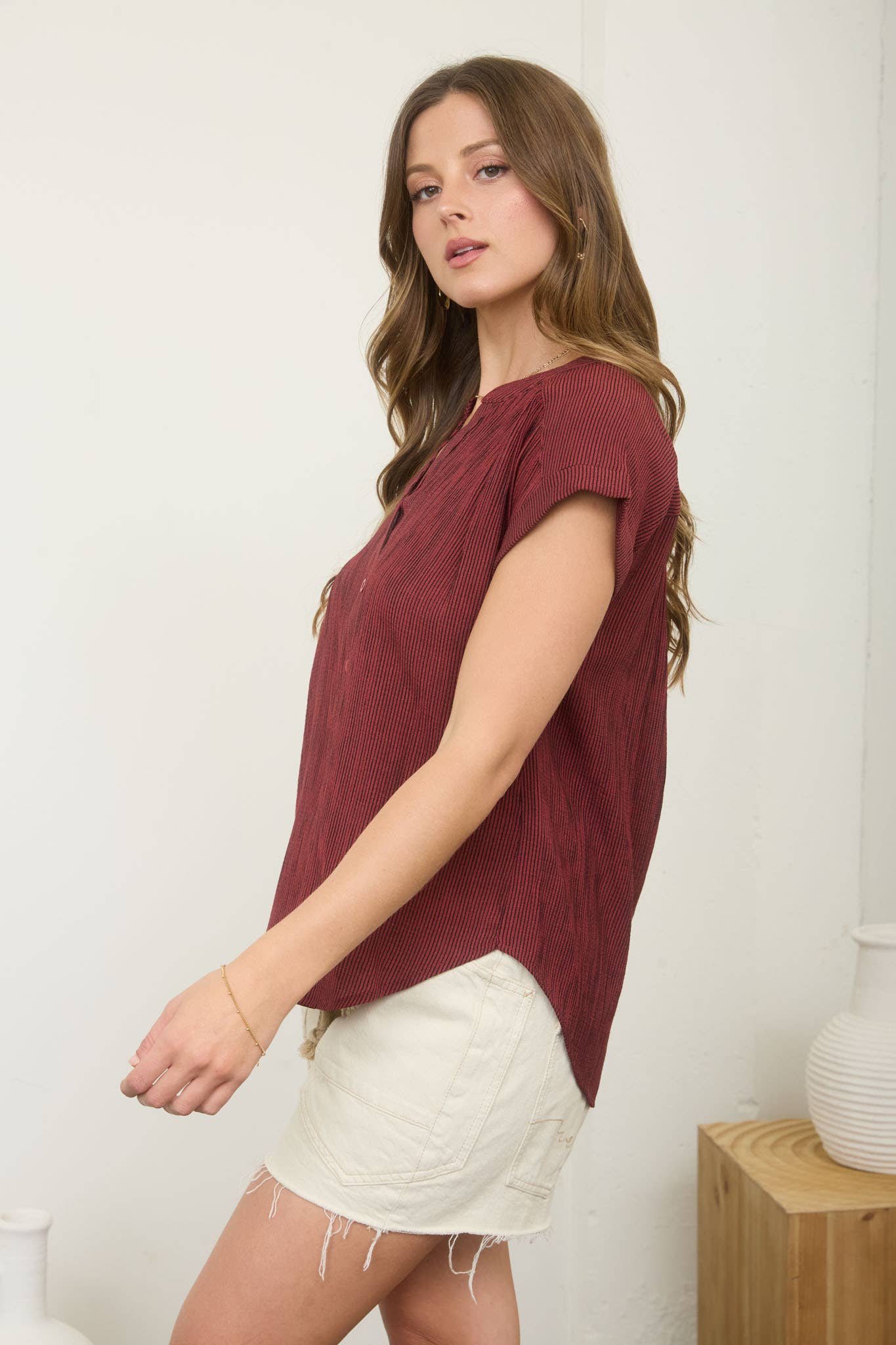 PINSTRIPE SHORT CUFF SLEEVE BUTTON DOWN SHIRT